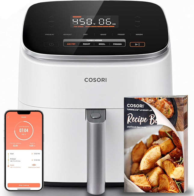 9-In-1 Turboblaze Air Fryer 6 Qt, Smart Control, 90°–450°F, Shake Reminders, Precise Heating for Even Results, Air Fry, Roast, Bake, Broil, Dry, Frozen, Proof, Reheat, Keep Warm, 120V, Cream