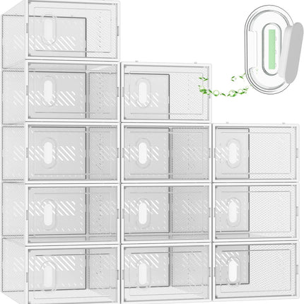 Shoe Storage, 12 Pack Shoe Organizer for Closet, Shoe Boxes Clear Plastic Stackable Shoe Containers with Lids for Size 10