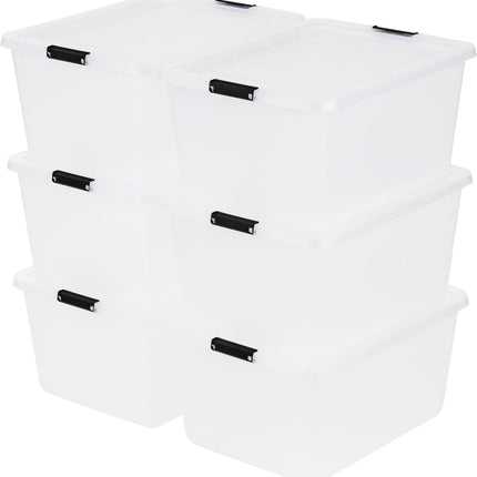6-Pack 32 Quart Clip Box with Latching Lid | Latching Lid Secures Office and Household Supplies. Stackable, Nestable Design Maximizes Storage Space