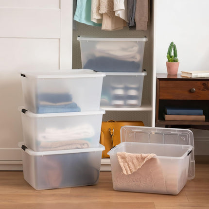 6-Pack 32 Quart Clip Box with Latching Lid | Latching Lid Secures Office and Household Supplies. Stackable, Nestable Design Maximizes Storage Space