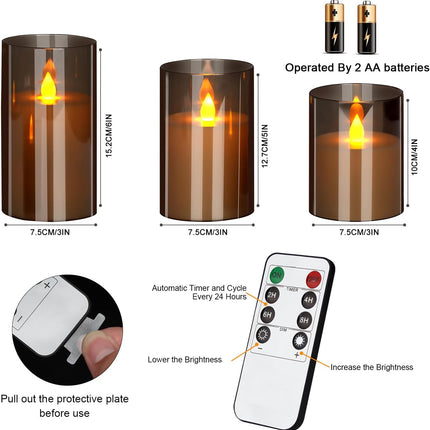 Flameless Candles 4" 5" 6" Acrylic Glass Pillars 3" Diameter Battery Operated Flickering Candles Include 8-Key Remote with Timer Function 400+ Hours (Gray, Warm Light 3 Pack)