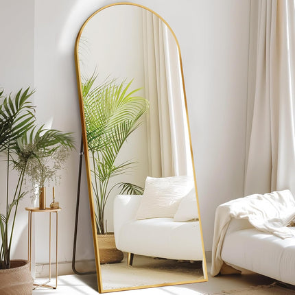64"X21" Arched Full Length Floor Mirror, Full Body Mirror with Stand, Shatterproof Tempered Glass, Modern Aluminum Alloy Frame, Free Standing or Leaning for Home Decor, Gold