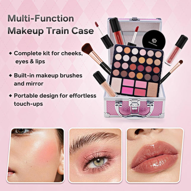Beginner Makeup Kit for Teens with the Small Cosmetic Train Case Included 24-Colors Eyeshadow Palette Blushes Bronzer Highlighter Lipstick Brushes Mirror(Pink)