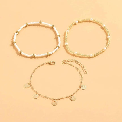 Shell Ankle Bracelet Set for Women, Gold Plated Boho Bead Adjustable Anklet, Hawaiian Beach Seashell Pearl Heart Starfish Conch Foot Jewelry Gifts