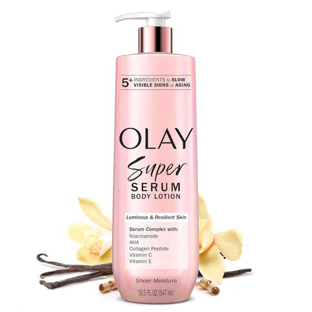 Super Serum Hand & Body Lotion for Dry Skin, 24Hr Long Lasting Hydration, 5+ Ingredient Complex for Bright Even Firm Luminous Skin, Sweet Vanilla & Soft Wood Scent, 18.5 Fl Oz