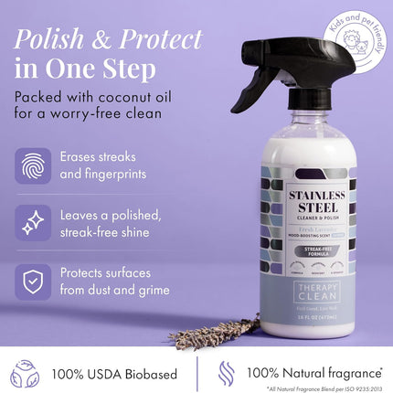 Stainless Steel Cleaner and Polish, Lavender Scent, Sink Cleaner | 100% USDA Biobased. Removes Fingerprints & Residue. Safe for Sinks, Grills & Appliances. Lavender Essential Oil Scent.