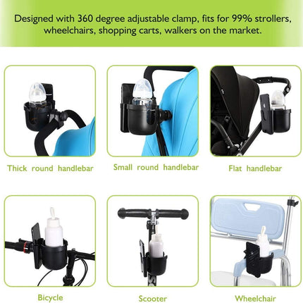Stroller Cup Holder with Phone Holder, Bike Cup Holder, Universal Cup Holder for Uppababy Nuna Doona Strollers, 2-In-1 Cup Holder for Walker, Wheelchair, Scooter