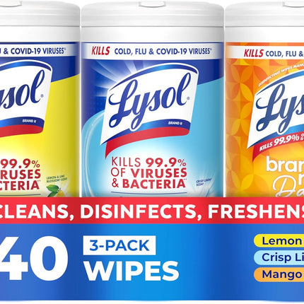 Disinfecting Wipes, All Purpose Cleaner, Multi-Surface Antibacterial Cleaning Wipes, Household Cleaning Supplies, Dorm Essentials, Lemon + Crisp Linen + Mango & Hibiscus Scent, 80 Ct. (3 Pack)