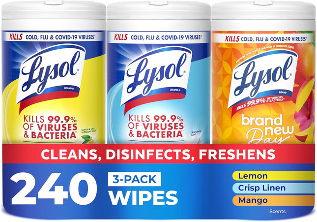Disinfecting Wipes, All Purpose Cleaner, Multi-Surface Antibacterial Cleaning Wipes, Household Cleaning Supplies, Dorm Essentials, Lemon + Crisp Linen + Mango & Hibiscus Scent, 80 Ct. (3 Pack)