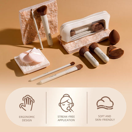 Makeup Brush Set 11Pcs Bamboo Synthetic Kabuki Brush Set Foundation Powder Blending Concealer Eye Shadows Blush Cosmetics Brushes with Organizer Bag & Makeup Sponge (Beige)