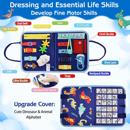 Toddler Busy Board Montessori Toys for Boys, Sensory Book Educational Activities for Learning Fine Motor Skills, Birthday Gifts for Boys Toddlers, Travel Toys for Airplane Car, Blue Dinosaur
