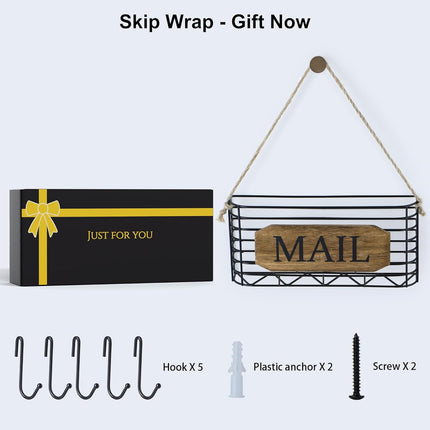 Mail Organizer Wall Mount, Rustic Mail Holder Key Holder for Wall with Hooks, Small Size, Carbonized Black