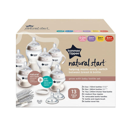 Natural Start 12 Piece BPA Free Bottle Set, Includes 2 X 5 Oz, 3 X 9 Oz, 1 X 11 Oz Bottles, Newborn 0+ Months, Slow, Medium & Thicker Flow Breast-Like Nipples, Cleaning Brush, Clear