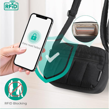 Cross Body Purse, Mini Crossbody Bags for Women Travel Purse, Puffy Shoulder Handbag Wallet with RFID Blocking Slots, Black-Small
