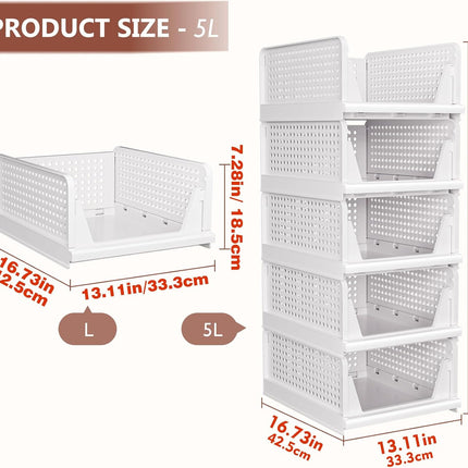 5 Pack Closet Organizers Stackable Storage Box | White Stackable Plastic Drawer Bins for Closets, Wardrobes, Kitchens, Bathrooms, Offices