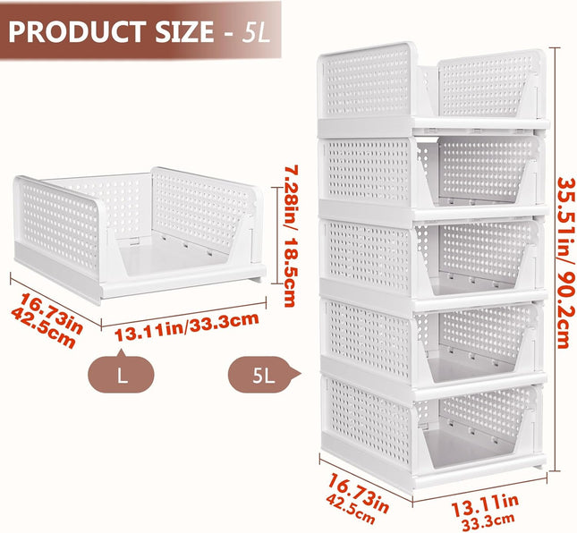 5 Pack Closet Organizers Stackable Storage Box | White Stackable Plastic Drawer Bins for Closets, Wardrobes, Kitchens, Bathrooms, Offices