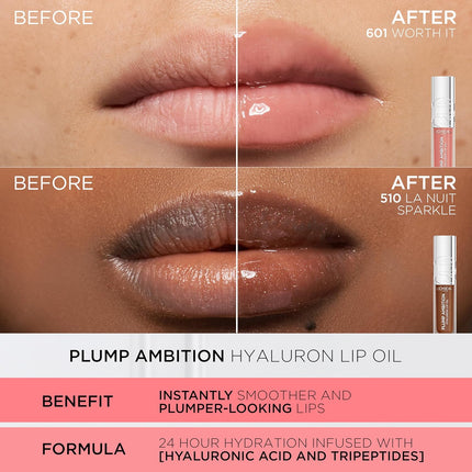 L'Oreal Paris Plump Ambition Hyaluron Lip Oil, 24 HR Lip Gloss with Hyaluronic Acid, Volumizing Formula with Glass-Like Shine, Worth It 601, 0.16 Fl Oz
