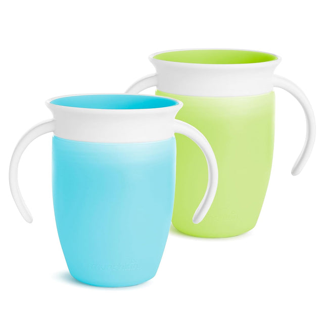 Miracle 360 Sippy Cup for 6 Month Old, Spill Proof Baby and Toddler Cups with Transition Handles, 7 Ounce, 2 Pack, Blue/Green