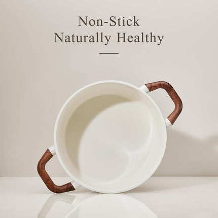 5QT Nonstick Stock Pot with Lid, 5 Quart Casserole with Ladle, Even Heating Stockpot, Fits All Stoves, Non Stick Big Cooking Pots PFOA Free, White