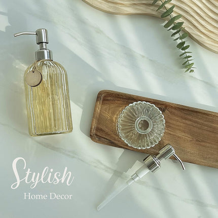 2PACK 18 Oz Glass Soap Dispenser with Rust Proof Stainless Steel Pump, Refillable Hand Soap Dispenser with Vertical Stripe, Premium Bathroom Soap Dispenser for Kitchen & Bathroom