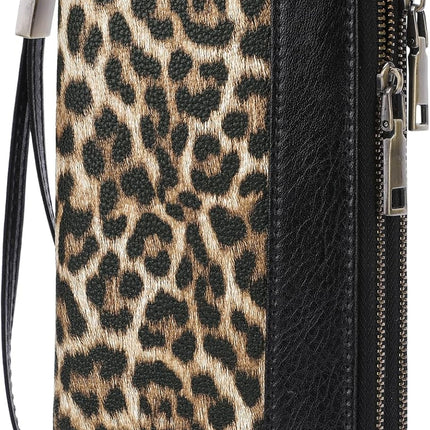 Women'S Wallet Large Capacity Double Zip Ladies Card Phone Holder RFID Blocking Wristlet Leather