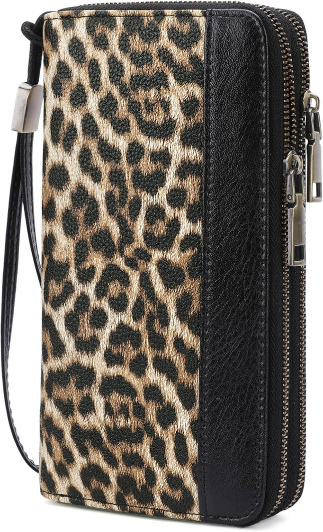 Women'S Wallet Large Capacity Double Zip Ladies Card Phone Holder RFID Blocking Wristlet Leather