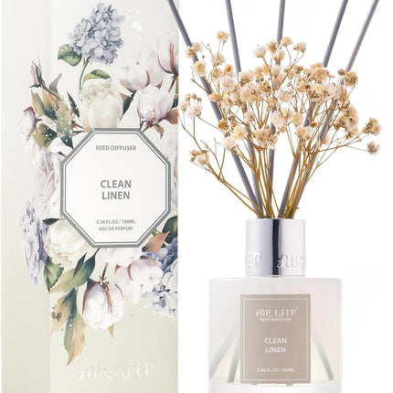 Reed Diffuser Set,3.38 Fl Oz (100 Ml) - Clean Linen Oil Diffusers with 8 Reed Sticks,Home Fragrance Reed Diffuser for Bathroom Shelf Decor