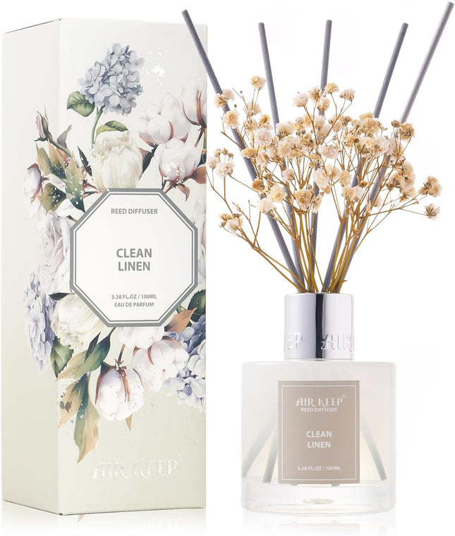 Reed Diffuser Set,3.38 Fl Oz (100 Ml) - Clean Linen Oil Diffusers with 8 Reed Sticks,Home Fragrance Reed Diffuser for Bathroom Shelf Decor