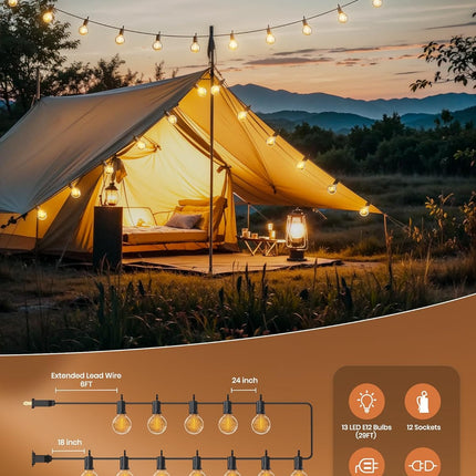 Outdoor String Lights 29 Feet G40 LED Patio Lights, Plug-In, 13 Plastic Edison Bulbs(1 Spare), Waterproof Connectable Hanging Light for Backyard Porch Balcony Party Decor, E12 Base, Black