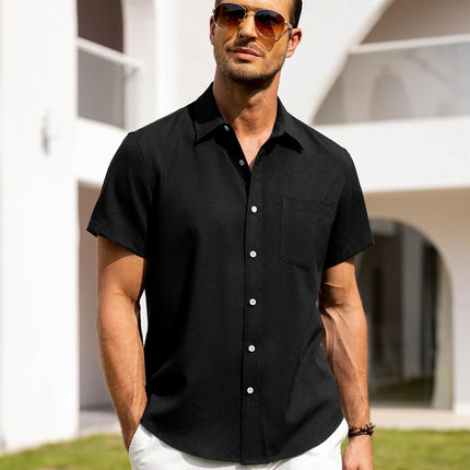 Mens Linen Shirts Short Sleeve Button down Shirts Wrinkle Free Casual Vacation Beach Summer Tops