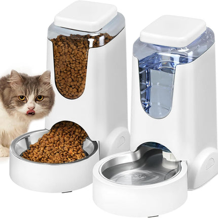 Automatic Cat Feeder and Water Dispenser with Stainless Steel Bowl Dog Gravity Food Feeder and Waterer for Small Medium Pets Puppy Kitten 1 Gallon X 2