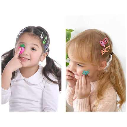 Hair Clips for Girls,100 Pcs No Slip Metal Snap, Barrettes for Kids Teens Women, Cute Candy Color Cartoon Design Hair Pins (Animals Fruits Crowns Stars)