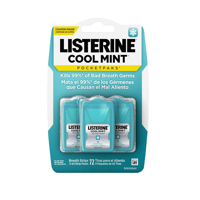 Listerine Travel Essentials Cool Mint Pocketpaks Breath Strips, Travel Size Mini Mouthwash Breath Fresheners Party Favor Goodie Bag Strips Kill 99% of Bad Breath Germs, 3 Pack of 24 Ct