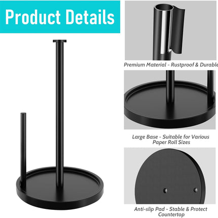 Paper Towel Holder Countertop, Standing Paper Roll Holder with anti Slip Weighted Base, Stainless Steel Freestanding Paper Towel Holder for Kitchen, Black