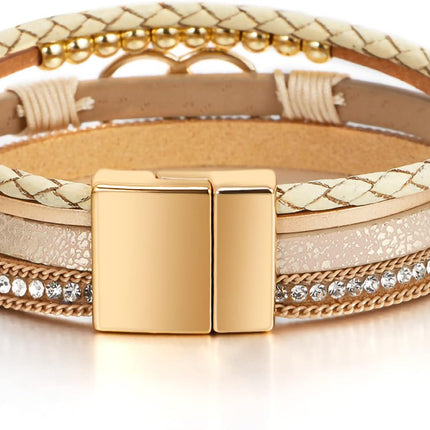 Leopard Bracelet for Women, Boho Leather Wrap Multi-Layer Pearl Crystal Bracelet Bangle Jewelry