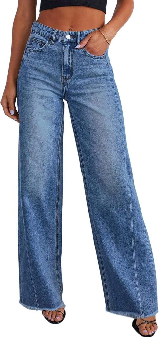 Women'S Wide Leg Jeans High Waisted Stretchy Raw Hem Zimbaplatinum Denim Pants