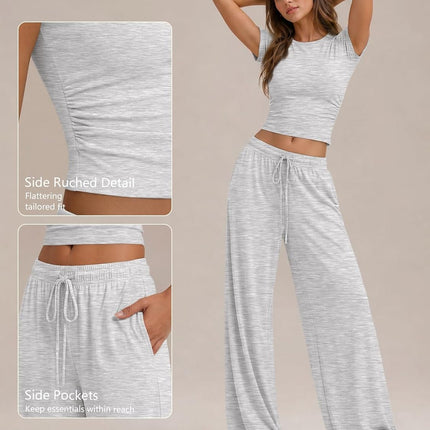 2 Piece Matching Summer Lounge Set Womens Side Ruching Top Wide Leg Pants Sets with Pockets