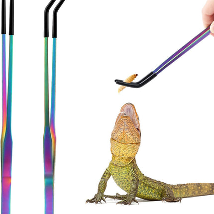 OLIISS Stainless Steel Reptile Feeding Tongs with Rubber Tip - 10.6" Straight & Curved Tweezers for Aquariums & Crafts - Feeder Tools for Bearded Dragons & Lizards - Terrarium Tank Supplies - 2 Pack