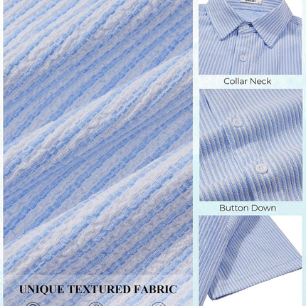 Mens Short Sleeve Casual Shirts Button down Striped Summer Shirts Textured Vacation Beach Shirt