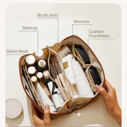 Travel Makeup Bag, Large Capacity Cosmetic Bag for Women, Waterproof PU Leather, Flat Open Portable Toiletry Bag for Skincare, Brushes & Travel Essentials