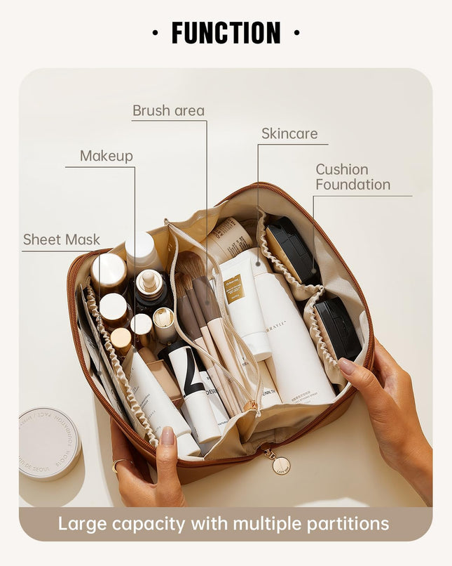 Travel Makeup Bag, Large Capacity Cosmetic Bag for Women, Waterproof PU Leather, Flat Open Portable Toiletry Bag for Skincare, Brushes & Travel Essentials
