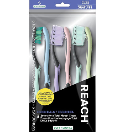 Essentials Toothbrush with Toothbrush Caps, Multi-Zoned Angled Soft Bristles, Contoured Handle, Tongue Scraper, 6 Count