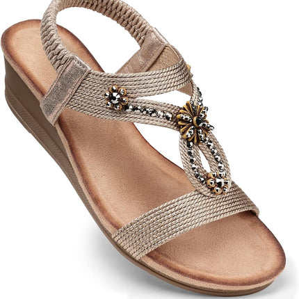 Womens Wedge Sandals with Cushioning for All-Day Comfortable | Low Heel, Elastic Ankle Strap, Dressy Casual Summer, Open Toe, Travel Vacation Outdoors Dress Shoes, Size 5-12