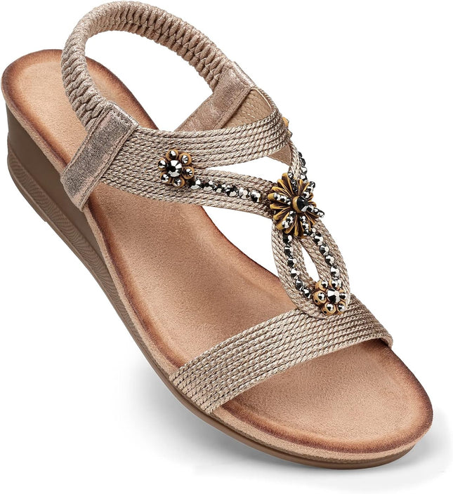 Womens Wedge Sandals with Cushioning for All-Day Comfortable | Low Heel, Elastic Ankle Strap, Dressy Casual Summer, Open Toe, Travel Vacation Outdoors Dress Shoes, Size 5-12