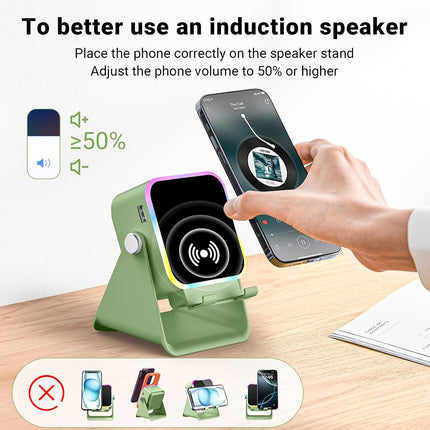 Induction Speaker with Phone Stand 5 in 1 Wireless Bluetooth Audio Green
