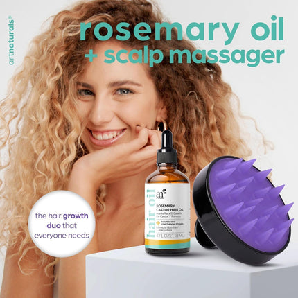 Organic Rosemary Castor Hair Growth Tonic Oil + Massager Hair Regrowth Set, 4 Oz with Coconut & Olive Oil, Scalp Treatment for Dry, Damaged & Split Ends
