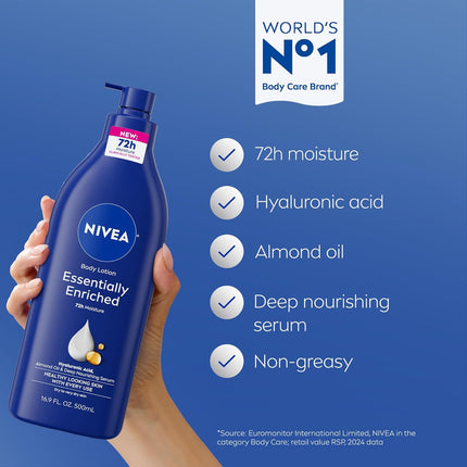 Essentially Enriched Body Lotion for Very Dry Skin with Hyaluronic Acid, Almond Oil and Deep Nourishing Serum, 72-Hour Body Moisturizer, 16.9 Fl Oz Pump Bottle