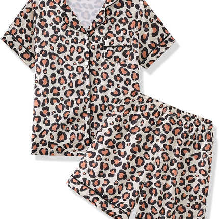 Girls Pajamas 2 Piece Summer Soft Silk Satin Short Sleeve Pajama Set Cute Pjs Sleepwear for Kids Size 6-16 Years