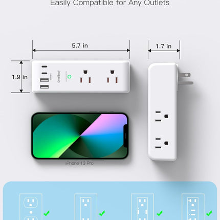 Surge Protector Outlet Extender - with Rotating Plug, 6 AC Multi Plug Outlet with 4 USB Ports (2 USB C), 1800J Wall Charger, 3-Sided Power Strip with Spaced Outlet Splitter for Home, Office, Travel