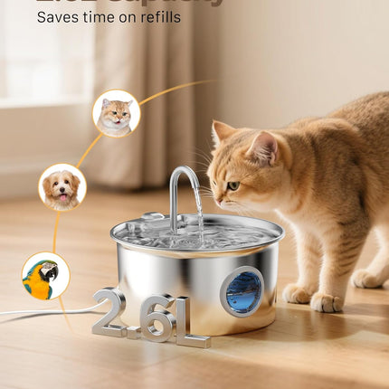 Cat Water Fountain Stainless Steel: Cat Fountain for Drinking - 88Oz/2.6L Pet Water Fountain for Cats Indoor - Quiet Cats Water Bowl Dispenser - Pets Feeding & Watering Supplies - for Small Animals